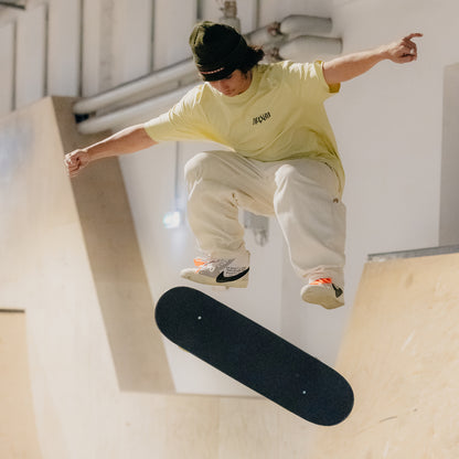 Oversized Soft Yellow skate t-shirt by Maxolut Brand in Action